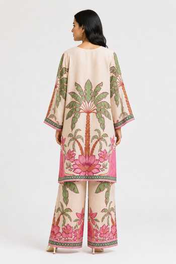 Shop_Poppi_Pink Silk, Bemberg V-neck Printed Kurta And Palazzo Set _at_Aza_Fashions