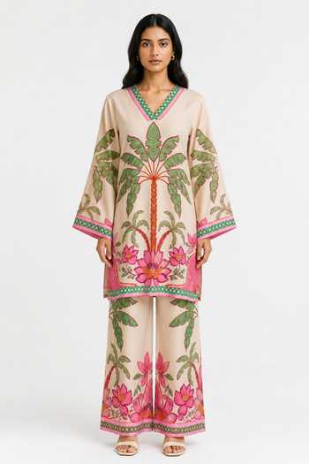 Buy_Poppi_Pink Silk, Bemberg V-neck Printed Kurta And Palazzo Set _Online_at_Aza_Fashions