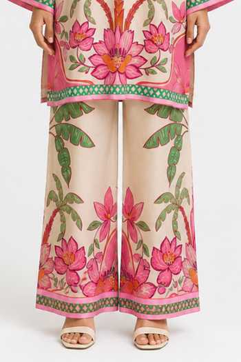 Shop_Poppi_Pink Silk, Bemberg V-neck Printed Kurta And Palazzo Set _Online_at_Aza_Fashions