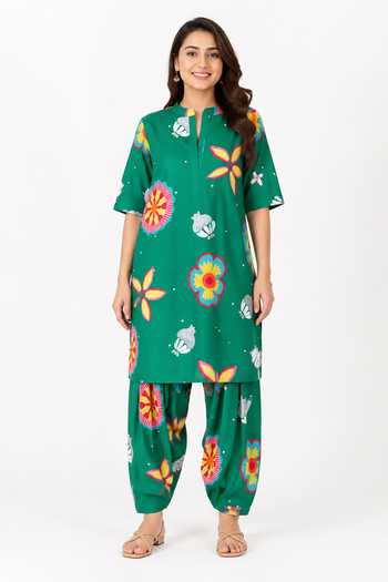 Poppi_Green Cotton Mandarin Collar Printed Kurta And Dhoti Pant Set _Online_at_Aza_Fashions