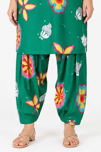 Shop_Poppi_Green Cotton Mandarin Collar Printed Kurta And Dhoti Pant Set _Online_at_Aza_Fashions