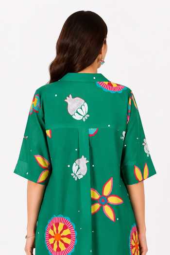 Poppi_Green Cotton Mandarin Collar Printed Kurta And Dhoti Pant Set _at_Aza_Fashions