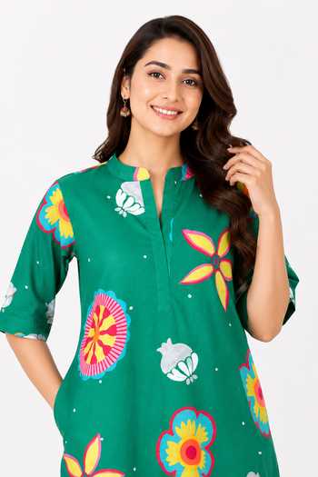 Buy_Poppi_Green Cotton Mandarin Collar Printed Kurta And Dhoti Pant Set 