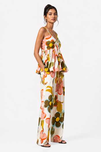 Poppi_Multi Color Cotton Sweetheart Neck Floral Print Top And Pant Set _Online_at_Aza_Fashions
