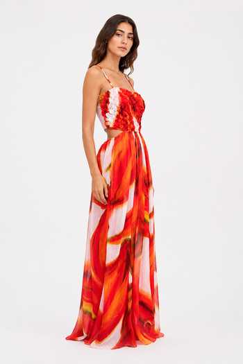 Poppi_Red Chiffon, Viscose Cowl Neck Printed Maxi Dress _Online_at_Aza_Fashions