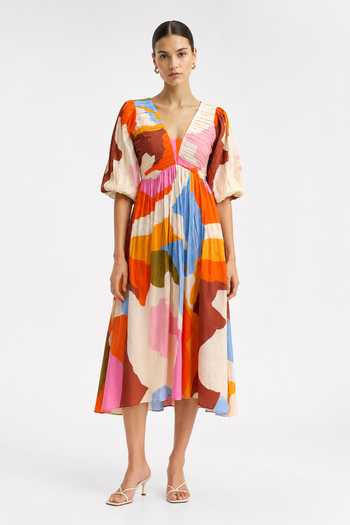 Poppi_Multi Color Cotton V-neck Abstract Print Dress _Online_at_Aza_Fashions