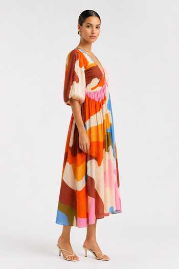 Buy_Poppi_Multi Color Cotton V-neck Abstract Print Dress _Online_at_Aza_Fashions