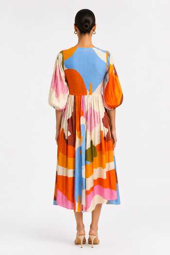 Shop_Poppi_Multi Color Cotton V-neck Abstract Print Dress _at_Aza_Fashions