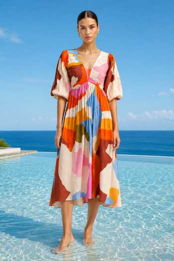 Buy_Poppi_Multi Color Cotton V-neck Abstract Print Dress _at_Aza_Fashions