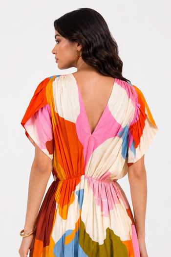 Poppi_Multi Color Cotton V-neck Abstract Print Maxi Dress _Online_at_Aza_Fashions