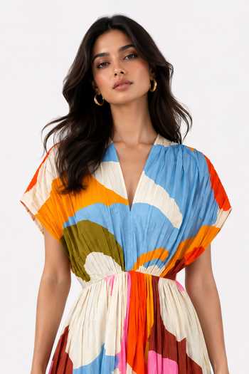 Buy_Poppi_Multi Color Cotton V-neck Abstract Print Maxi Dress 