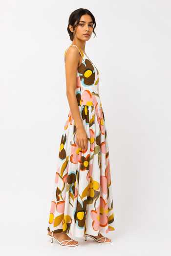 Poppi_Ivory Cotton One Shoulder Abstract Floral Print Dress _Online_at_Aza_Fashions