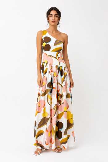 Buy_Poppi_Ivory Cotton One Shoulder Abstract Floral Print Dress _Online_at_Aza_Fashions