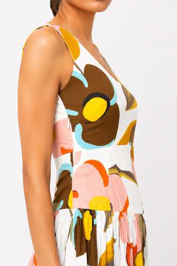 Poppi_Ivory Cotton One Shoulder Abstract Floral Print Dress _at_Aza_Fashions