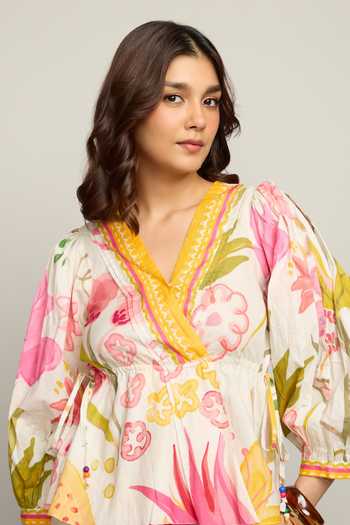 Buy_Poppi_Multi Color Cotton V-neck Floral Print Peplum Top And Shorts Set _Online_at_Aza_Fashions