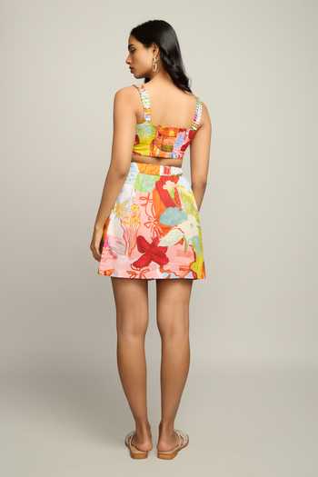 Shop_Poppi_Multi Color Cotton Square Neck Printed Crop Top And Short Skirt Set _at_Aza_Fashions