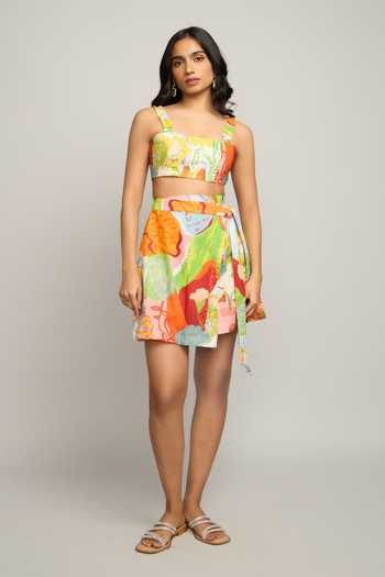 Poppi_Multi Color Cotton Square Neck Printed Crop Top And Short Skirt Set _Online_at_Aza_Fashions