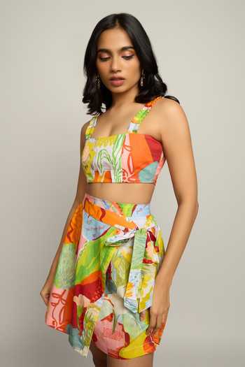 Buy_Poppi_Multi Color Cotton Square Neck Printed Crop Top And Short Skirt Set _Online_at_Aza_Fashions