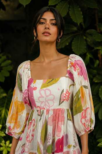Poppi_Multi Color Cotton Square Neck Floral Print Dress _Online_at_Aza_Fashions