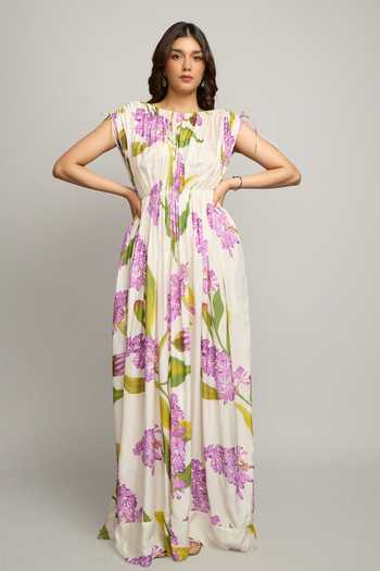 Poppi_Purple Silk, Crepe, Bemberg Round Neck Flora Print Gathered Dress _Online_at_Aza_Fashions