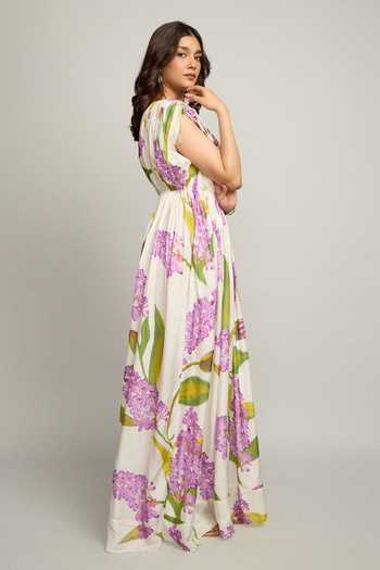 Buy_Poppi_Purple Silk, Crepe, Bemberg Round Neck Flora Print Gathered Dress _Online_at_Aza_Fashions