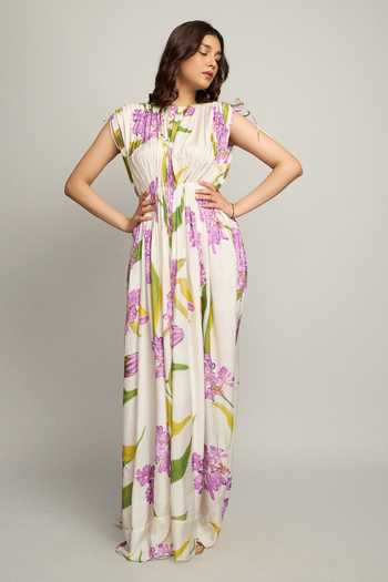 Shop_Poppi_Purple Silk, Crepe, Bemberg Round Neck Flora Print Gathered Dress _Online_at_Aza_Fashions