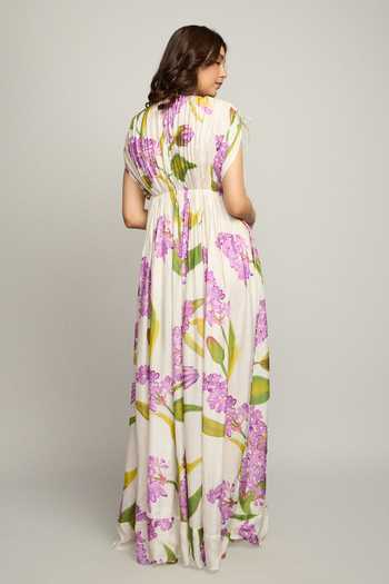 Shop_Poppi_Purple Silk, Crepe, Bemberg Round Neck Flora Print Gathered Dress _at_Aza_Fashions