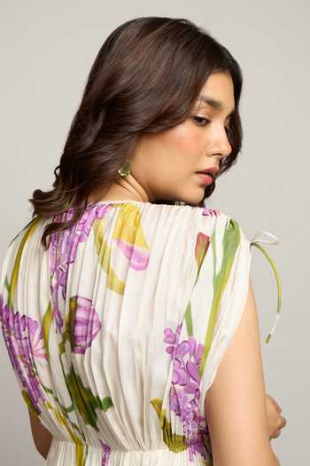 Poppi_Purple Silk, Crepe, Bemberg Round Neck Flora Print Gathered Dress _at_Aza_Fashions