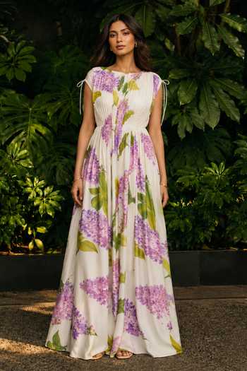 Buy_Poppi_Purple Silk, Crepe, Bemberg Round Neck Flora Print Gathered Dress _at_Aza_Fashions