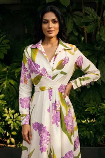 Poppi_Green Cotton Collared Neck Floral Print Maxi Dress _Online_at_Aza_Fashions