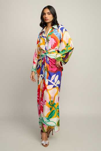 Poppi_Multicolor Silk, Bemberg Collared Neck Floral Print Dress _Online_at_Aza_Fashions