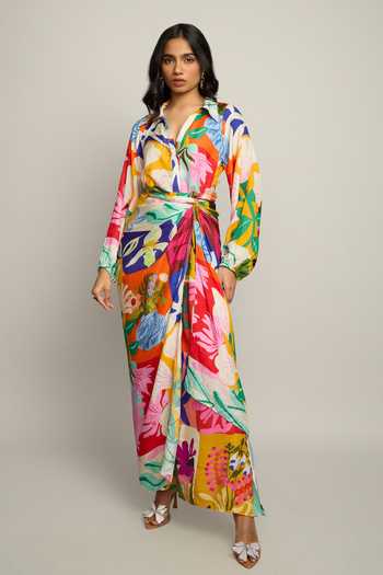 Buy_Poppi_Multicolor Silk, Bemberg Collared Neck Floral Print Dress _Online_at_Aza_Fashions