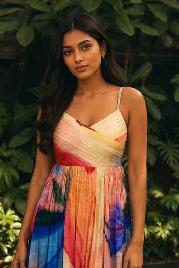 Poppi_Multicolor Silk, Bemberg Sweetheart Neck Abstract Print Dress _Online_at_Aza_Fashions
