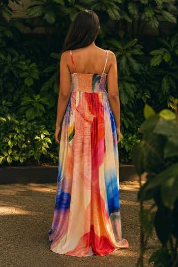 Shop_Poppi_Multicolor Silk, Bemberg Sweetheart Neck Abstract Print Dress _at_Aza_Fashions