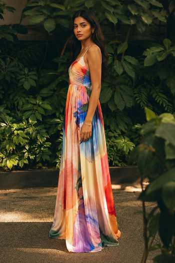 Buy_Poppi_Multicolor Silk, Bemberg Sweetheart Neck Abstract Print Dress _Online_at_Aza_Fashions