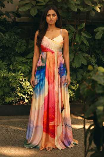 Buy_Poppi_Multicolor Silk, Bemberg Sweetheart Neck Abstract Print Dress _at_Aza_Fashions
