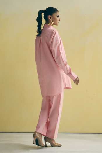 Shop_Meher By Islie_Pink Cotton Collared Neck Asymmetric Shirt And Trouser Set _at_Aza_Fashions