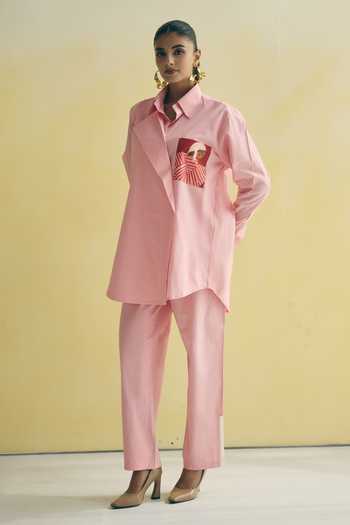 Buy_Meher By Islie_Pink Cotton Collared Neck Asymmetric Shirt And Trouser Set _at_Aza_Fashions