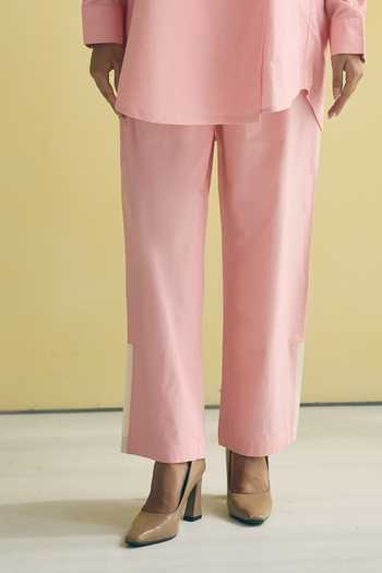 Meher By Islie_Pink Cotton Collared Neck Asymmetric Shirt And Trouser Set _Online_at_Aza_Fashions