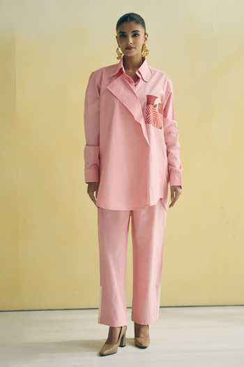 Buy_Meher By Islie_Pink Cotton Collared Neck Asymmetric Shirt And Trouser Set _Online_at_Aza_Fashions