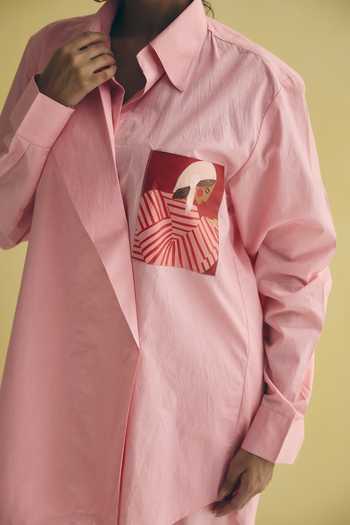 Shop_Meher By Islie_Pink Cotton Collared Neck Asymmetric Shirt And Trouser Set _Online_at_Aza_Fashions
