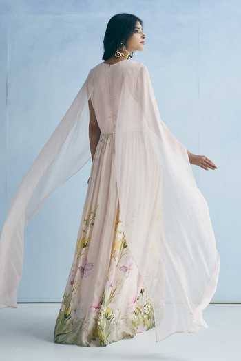 Meher By Islie_Pink Silk Round Neck Botanical Print Dress _Online_at_Aza_Fashions
