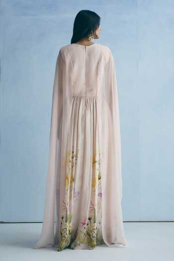 Shop_Meher By Islie_Pink Silk Round Neck Botanical Print Dress _at_Aza_Fashions