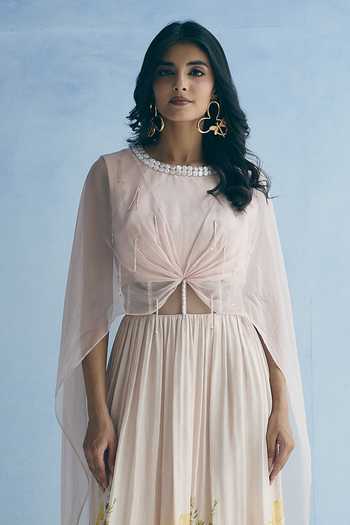 Buy_Meher By Islie_Pink Silk Round Neck Botanical Print Dress _Online_at_Aza_Fashions