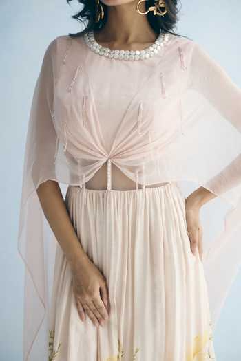 Shop_Meher By Islie_Pink Silk Round Neck Botanical Print Dress _Online_at_Aza_Fashions