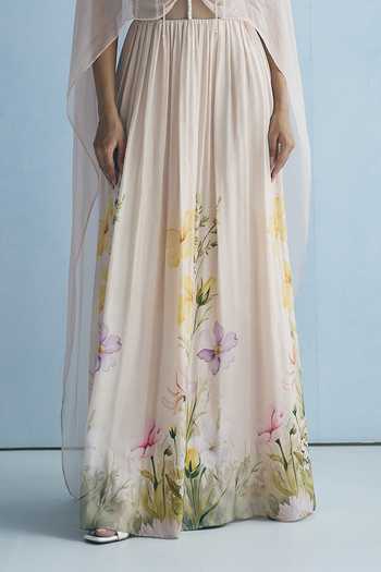 Meher By Islie_Pink Silk Round Neck Botanical Print Dress _at_Aza_Fashions