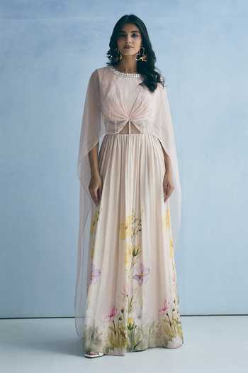 Buy_Meher By Islie_Pink Silk Round Neck Botanical Print Dress _at_Aza_Fashions