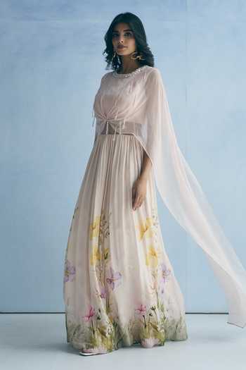 Buy_Meher By Islie_Pink Silk Round Neck Botanical Print Dress 