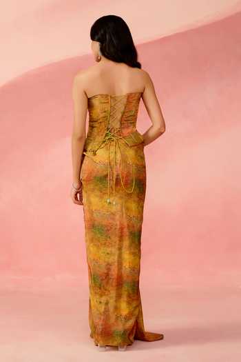 Shop_Label Moni K_Multi Color Crepe Bandeau Neck Marbelled Floral Print Corset And Skirt Set _at_Aza_Fashions