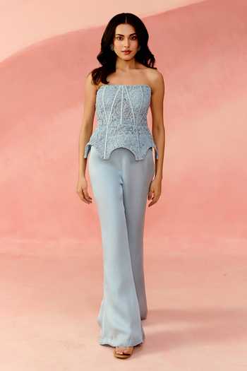 Buy_Label Moni K_Blue Lace, Organza, Satin Embroidery, Kaleido Work Corset And Trouser Set _at_Aza_Fashions